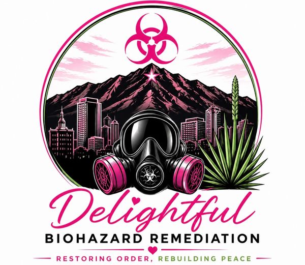 Logo featuring a gas mask, biohazard symbol, and a cityscape with mountains.