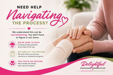 Supportive message offering help with navigating biohazard remediation process with compassion and ease.