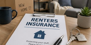 Clipboard with renters insurance document on a wooden table with keys and a plant.