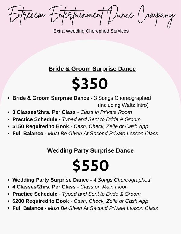 Wedding choreographed dance services with pricing for surprise dances.