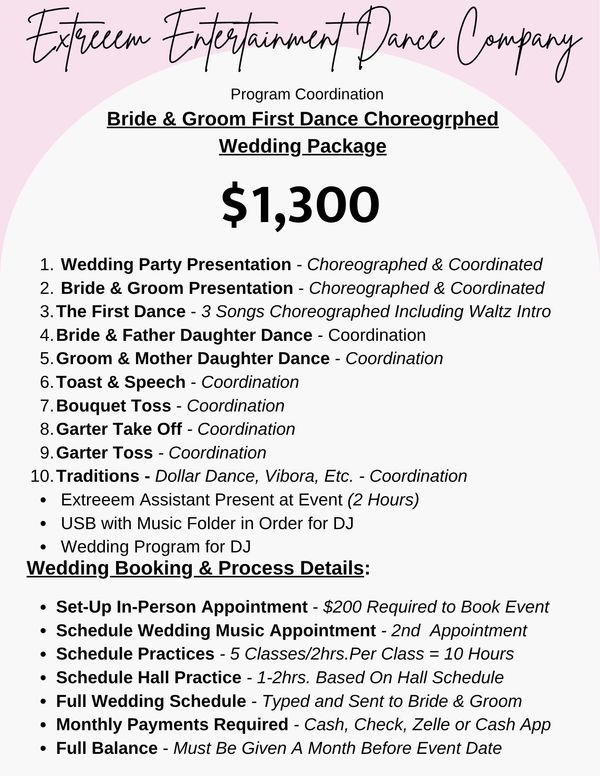 Wedding dance choreography package priced at $1,300.