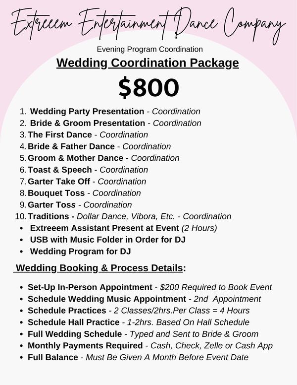 Wedding coordination package details for $800 with various dance presentations and scheduling information.
