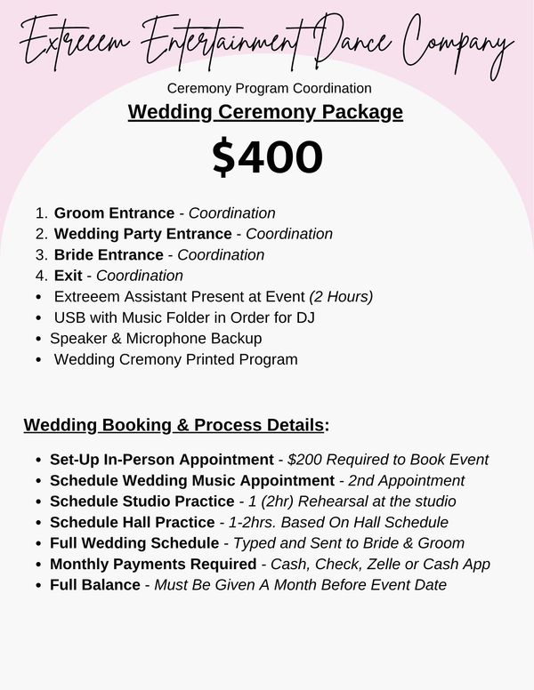 Wedding ceremony package details and booking processes.