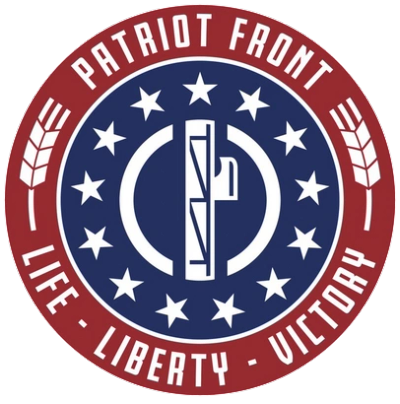 Patriot Front emblem with rifle and stars.