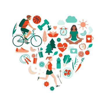 Heart-shaped collage of healthy lifestyle activities and symbols.