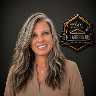 Professional woman standing beside The McLaughlin Group logo on a dark background.
