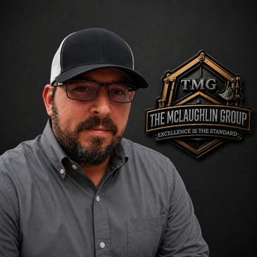 Man wearing glasses and a cap posing next to The McLaughlin Group logo.