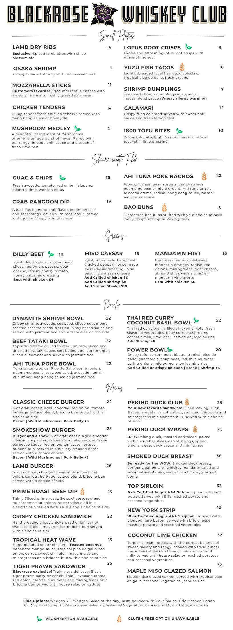 Blackrose Whiskey Club menu featuring small plates, shareable dishes, greens, bowls, and mains with vegan and gluten-free options.