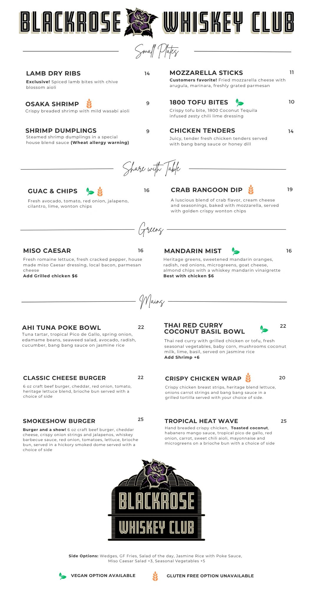 Menu from Blackrose Whiskey Club featuring small plates, shareable dishes, greens, and mains with vegan and gluten-free options.