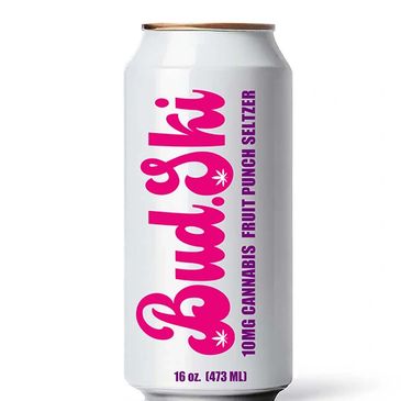 A white can of Budski cannabis fruit punch seltzer with pink text.