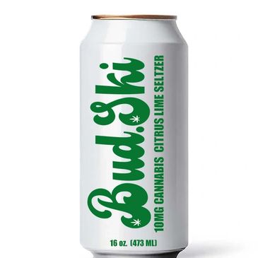A white can of Budski cannabis citrus lime seltzer with green text.