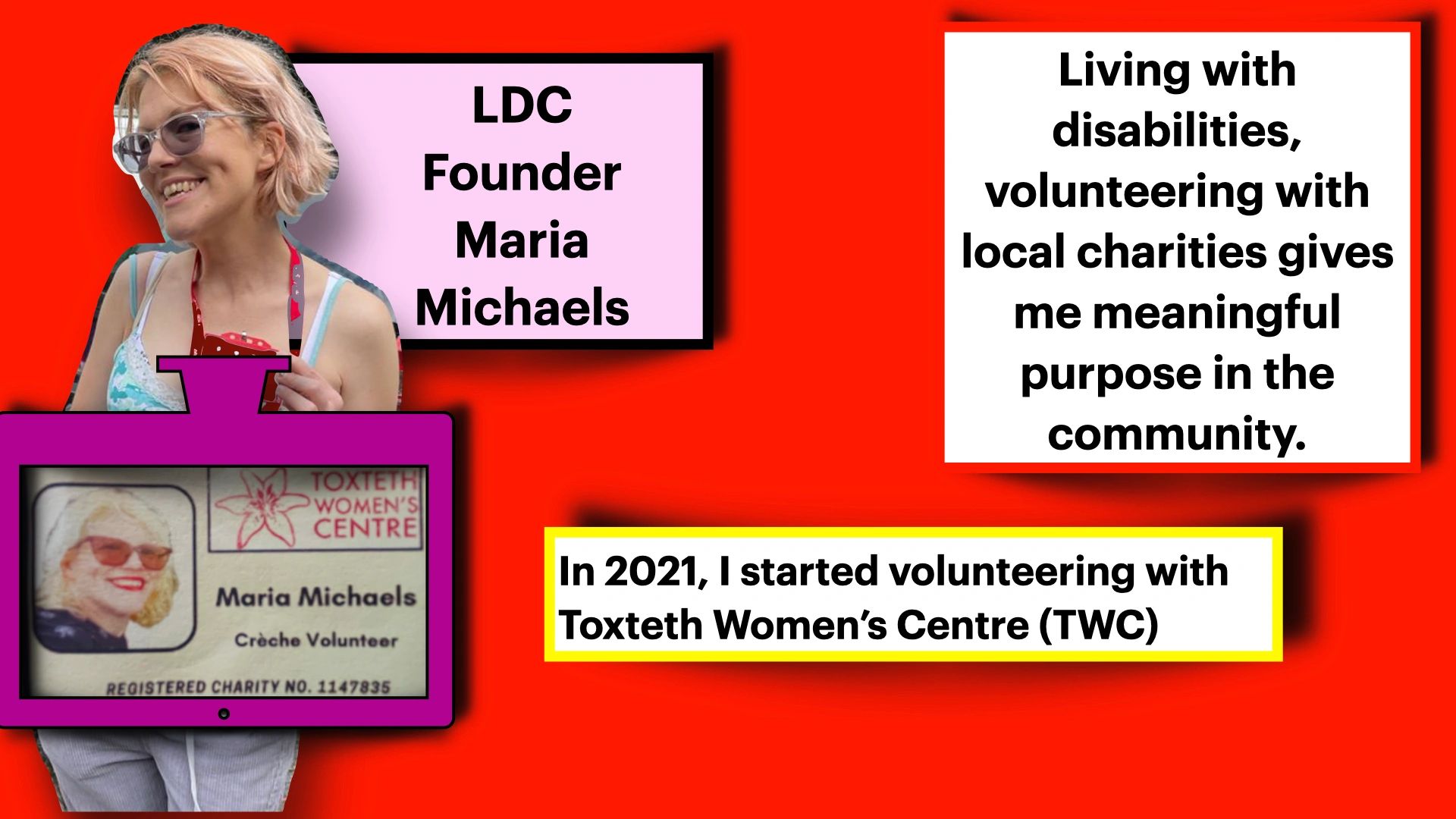 Maria Michaels, LDC Founder, finds purpose volunteering despite disabilities.