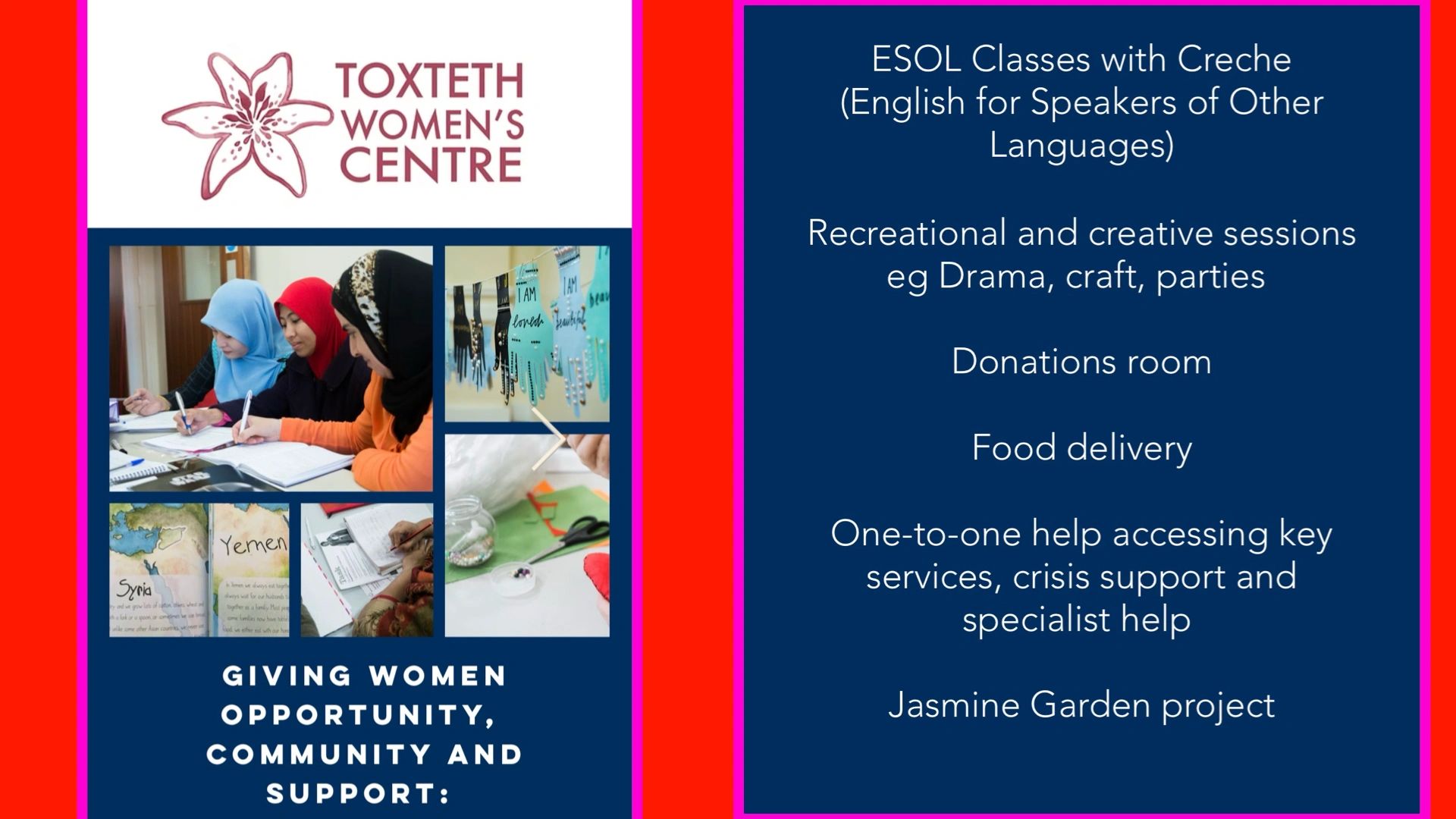 Toxteth Women's Centre offering ESOL classes, creative sessions, and support services.