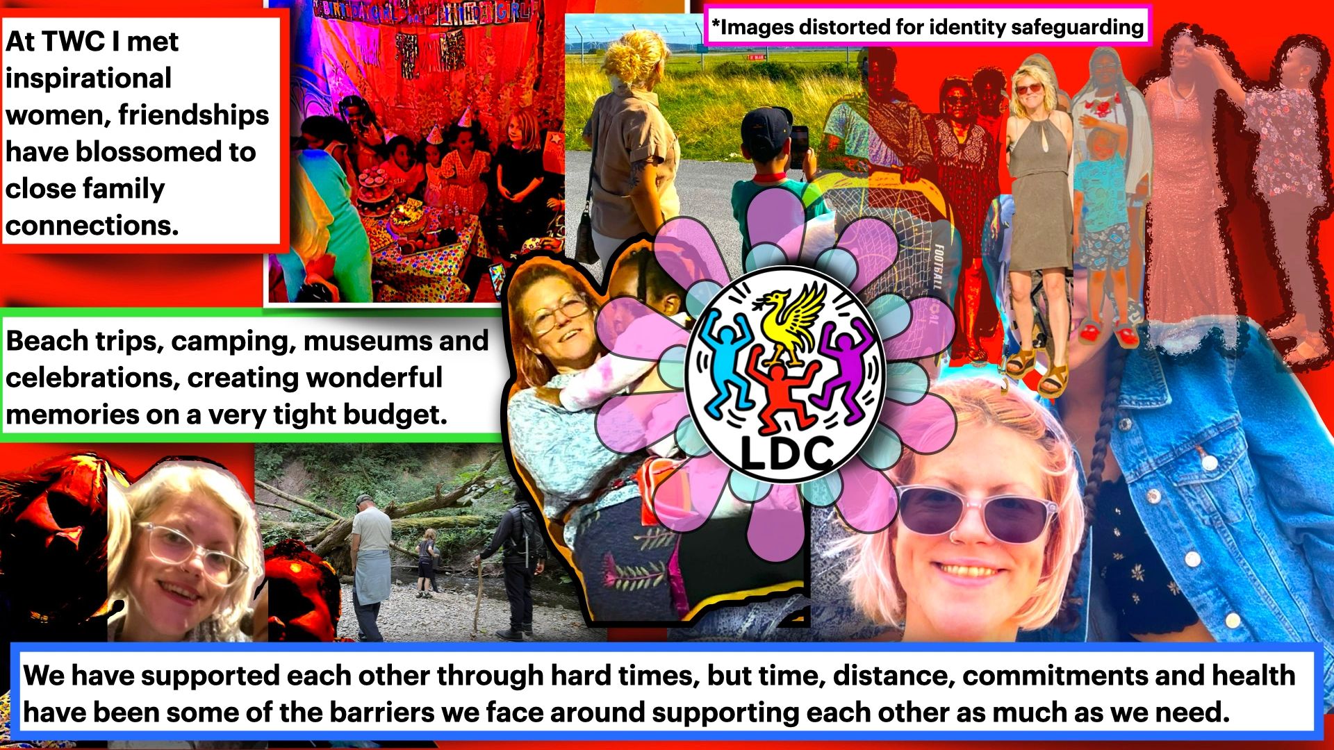 Collage of supportive women and family moments with inspirational quotes about friendship and challenges.