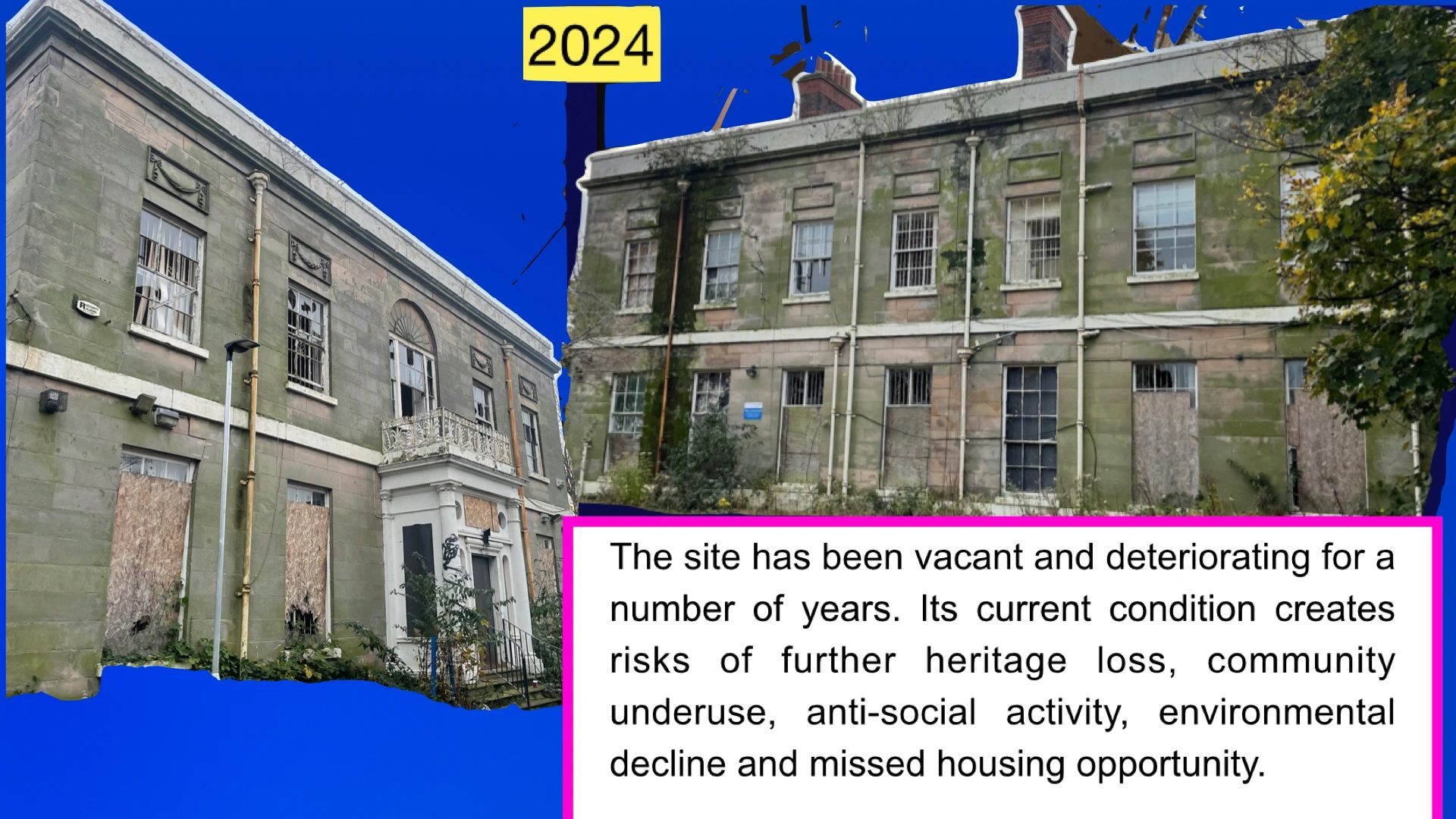 Vacant, deteriorating historical buildings in 2024.