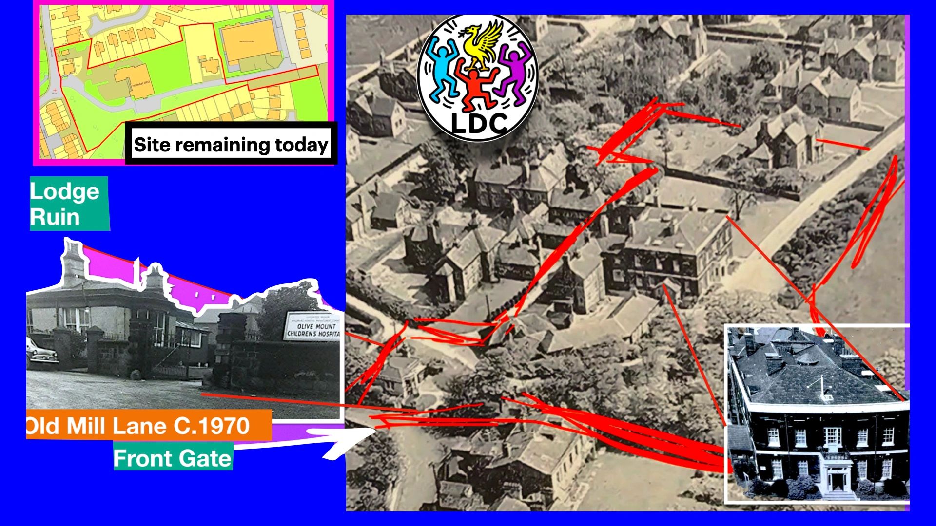 Historical map and photo collage with site details.