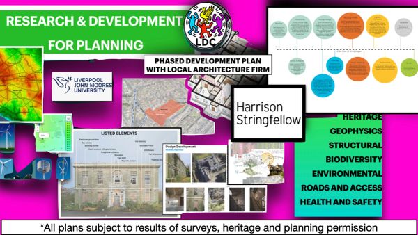 Collage of research and development materials for planning including maps, university and architecture firm logos.