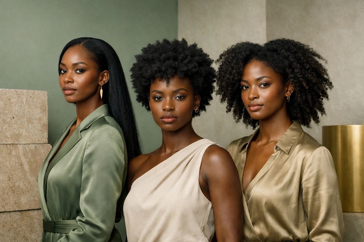 Three elegant women with natural hairstyles pose confidently in stylish outfits.