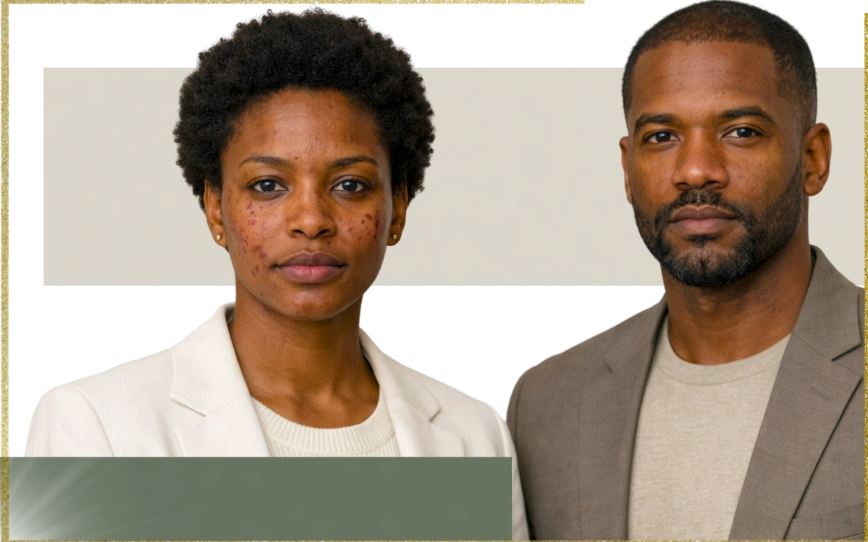 Confident African American man and woman in professional attire posing against a neutral background.