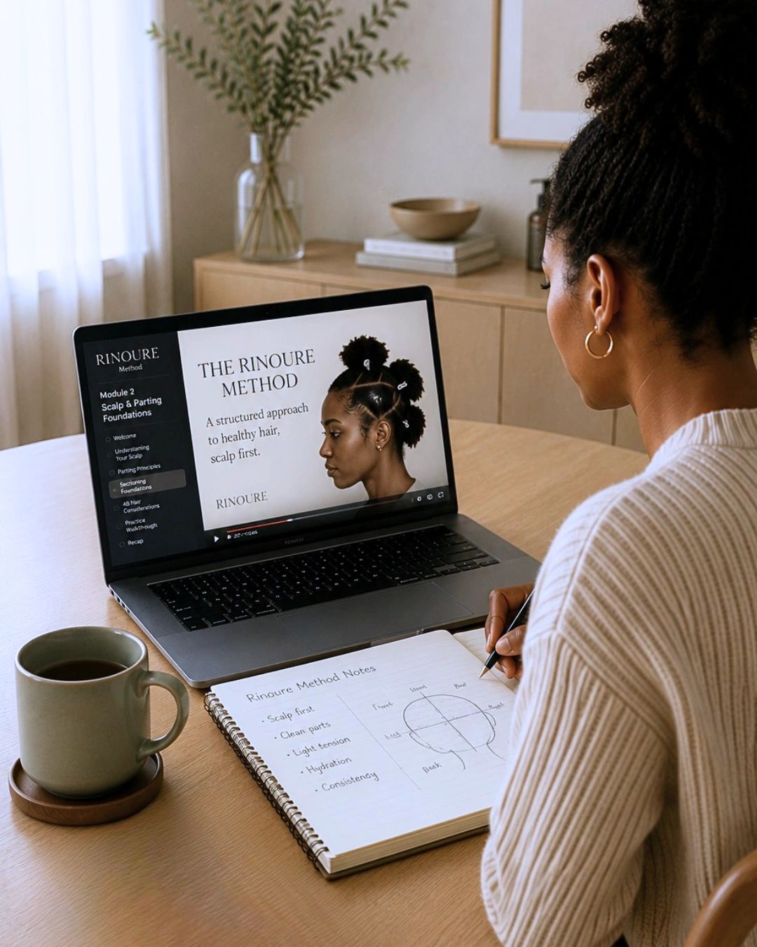 Woman taking notes while watching a hair care tutorial on her laptop.