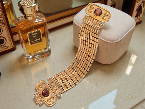 Luxurious gold bracelet and perfume bottle on a vanity table.