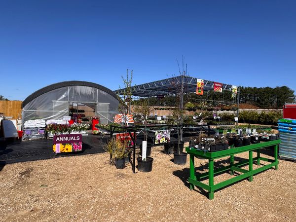 Outdoor garden center with plants, flowers, and gardening supplies under a clear blue sky.
