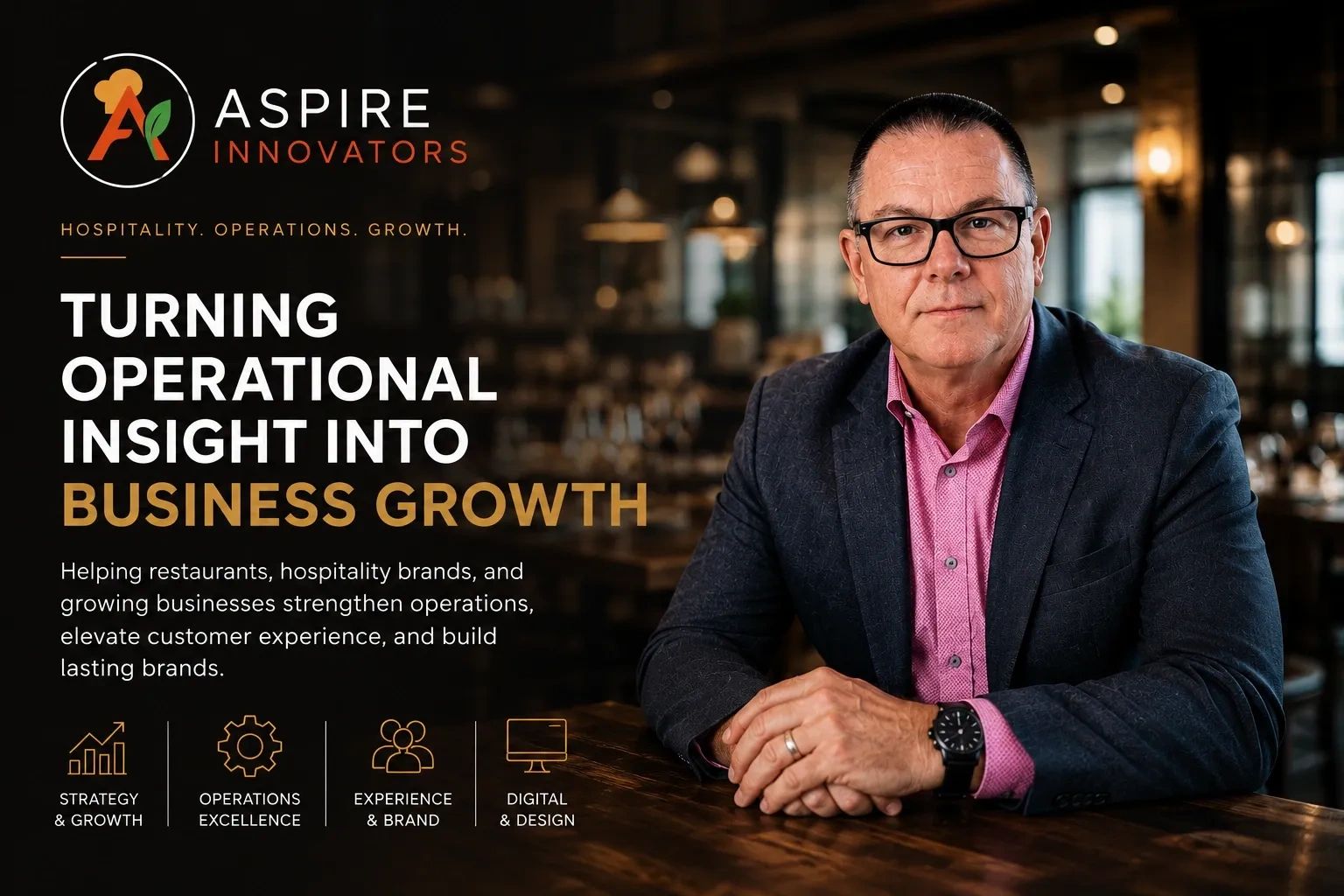 Professional man promoting Aspire Innovators for business growth in hospitality.