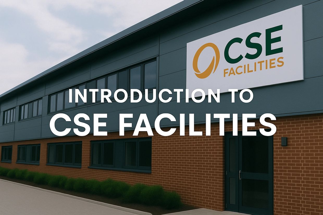 Modern building with CSE Facilities sign and introduction text overlay.