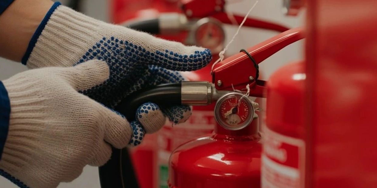 Hands in gloves inspecting a red fire extinguisher with pressure gauge.