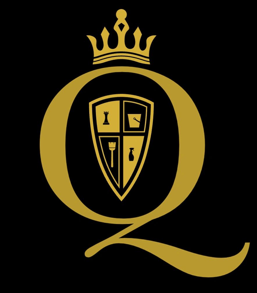 Gold crowned letter Q with a shield containing icons on black background.