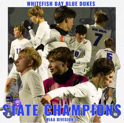 Whitefish Bay Blue Dukes soccer team celebrating state championship victory.