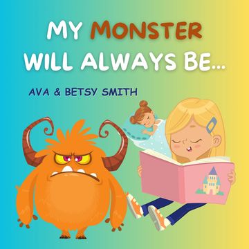 Book cover with a girl reading and a friendly monster.