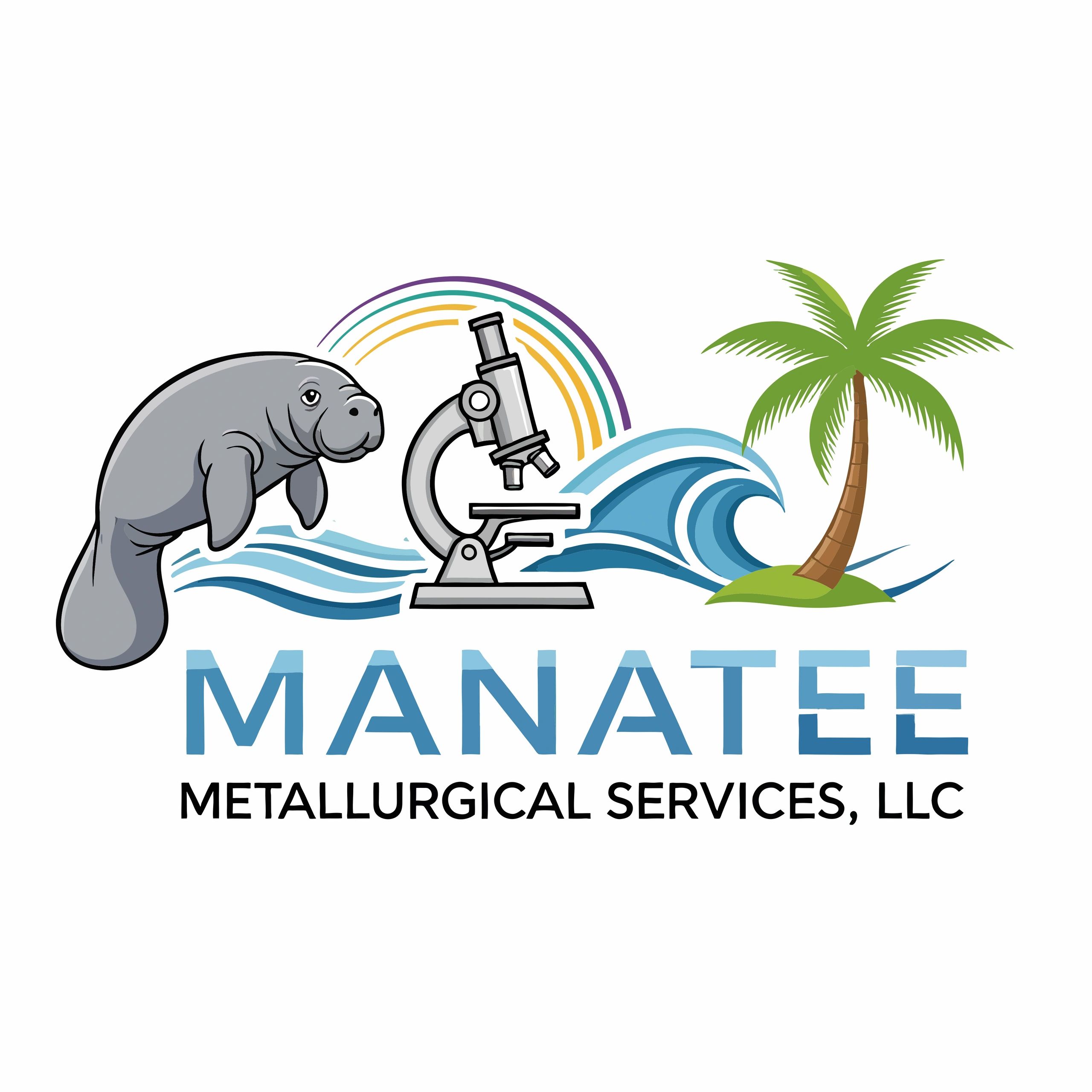 Logo featuring a manatee, microscope, ocean waves, and palm tree for Manatee Metallurgical Services.