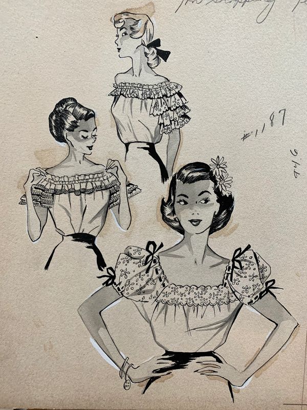 Vintage fashion sketches of women in ruffled tops.