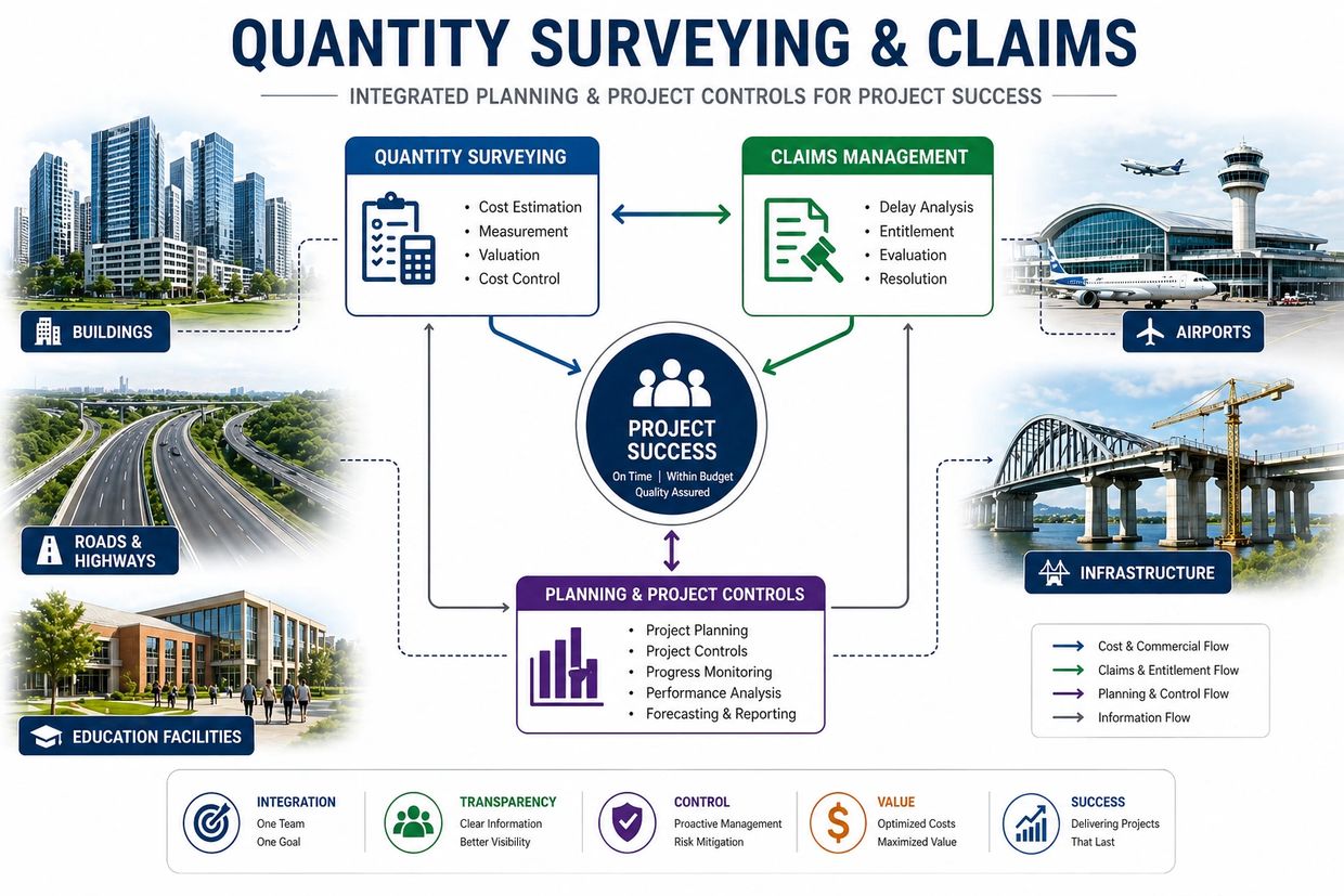 Infographic on Quantity Surveying and Claims for project success.
