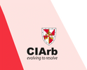 CIArb logo with red diagonal stripe on a light pink background.