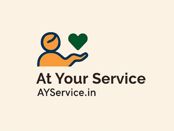 Logo with an orange figure holding a green heart, text 'At Your Service' and 'AYService.in'.
