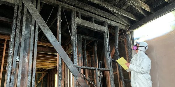 Man assessing damage from fire, smoke, dust & soot to restore property to pre-fire state.
