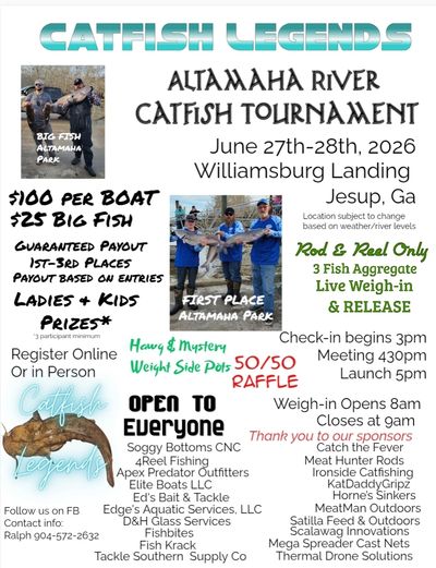 Flyer for the Catfish Legends Altamaha River Catfish Tournament in Jesup, GA, June 27-28, 2026.