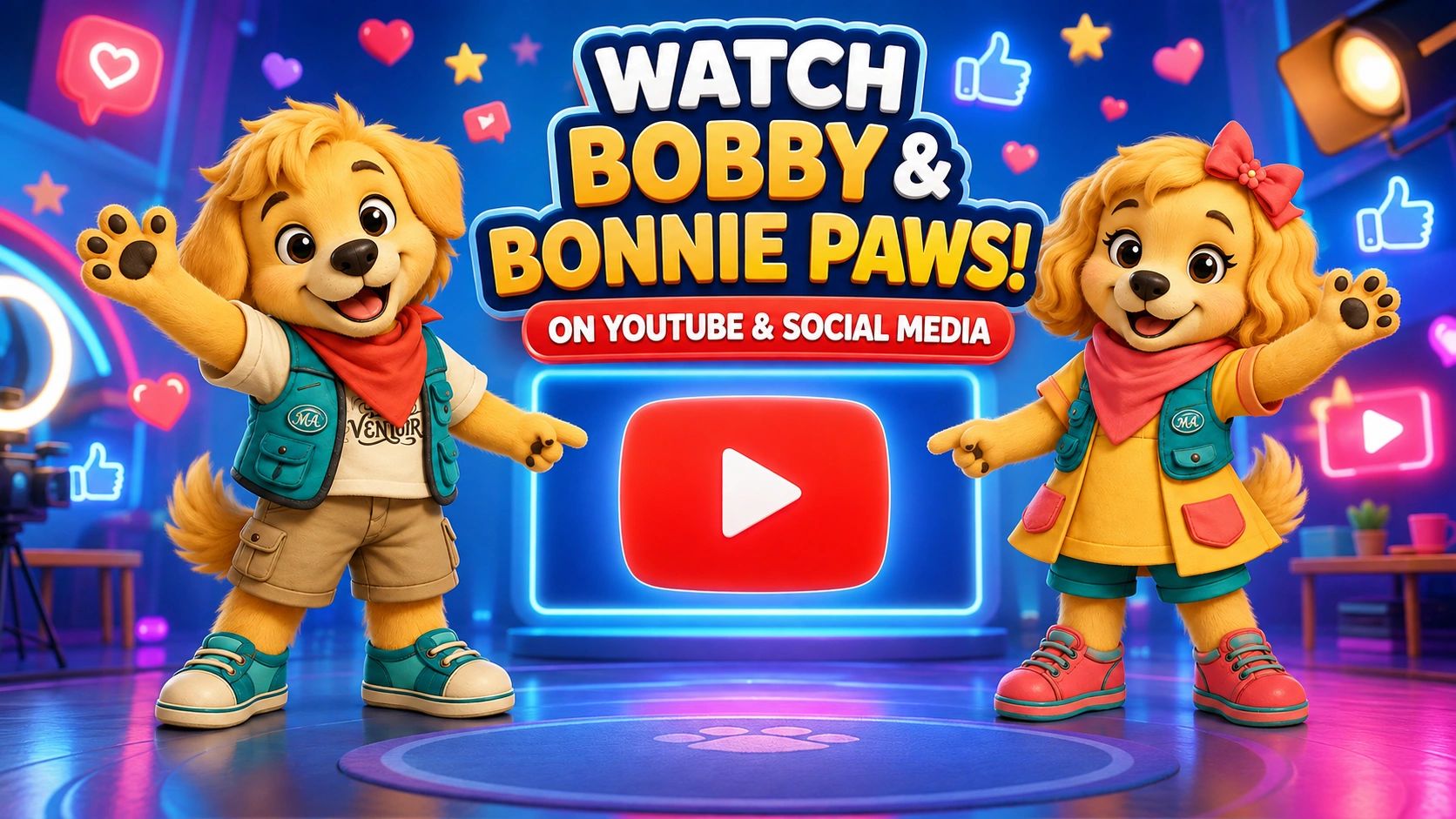 Animated dogs Bobby and Bonnie promoting YouTube content.