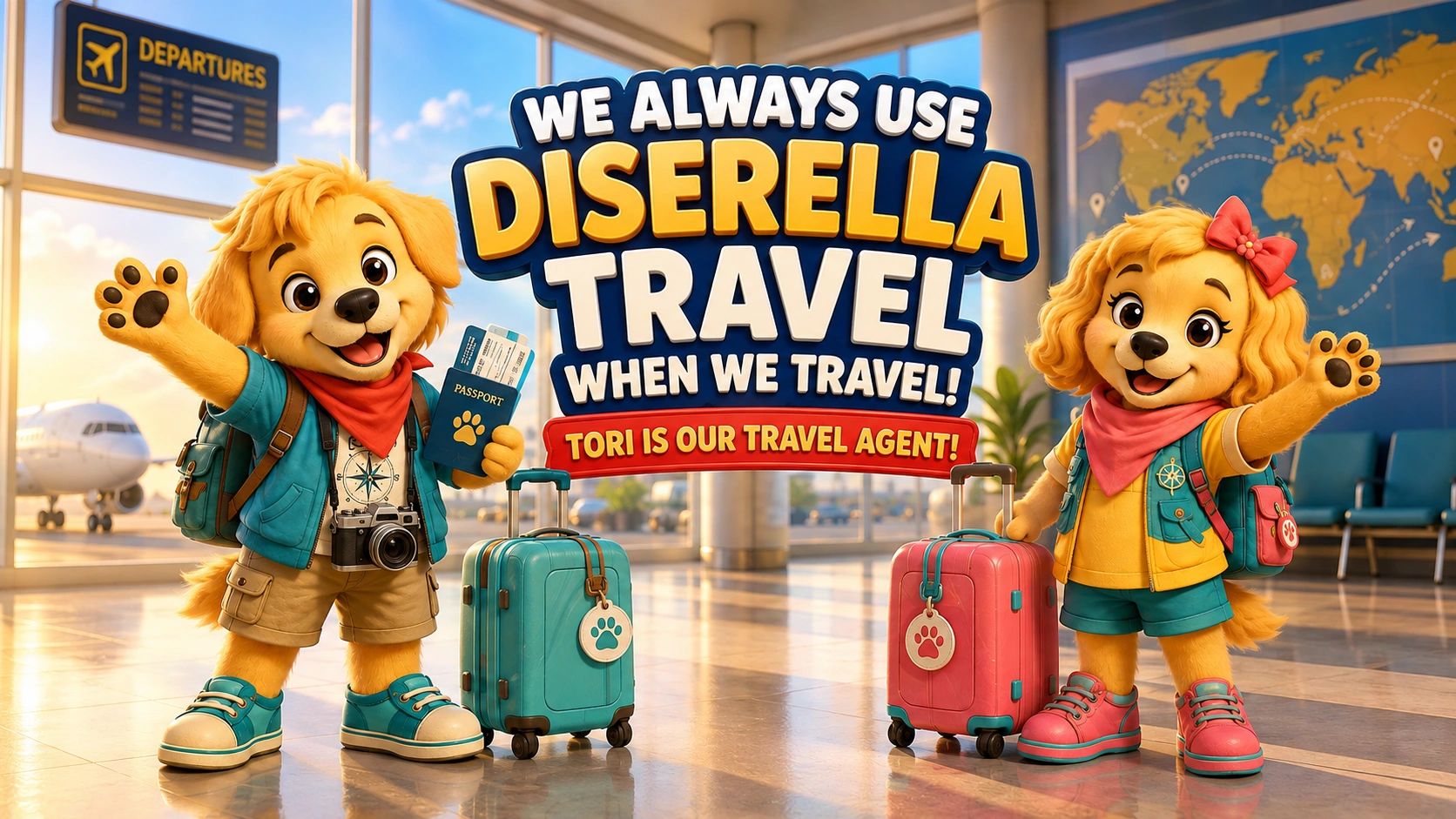 Two animated puppies at an airport with luggage and travel gear.