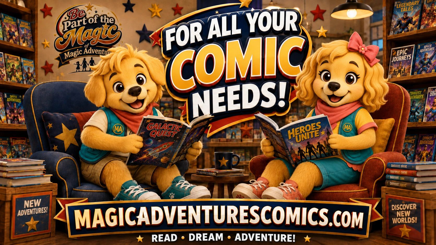 Two animated dogs reading comics promoting magicadventurescomics.com.