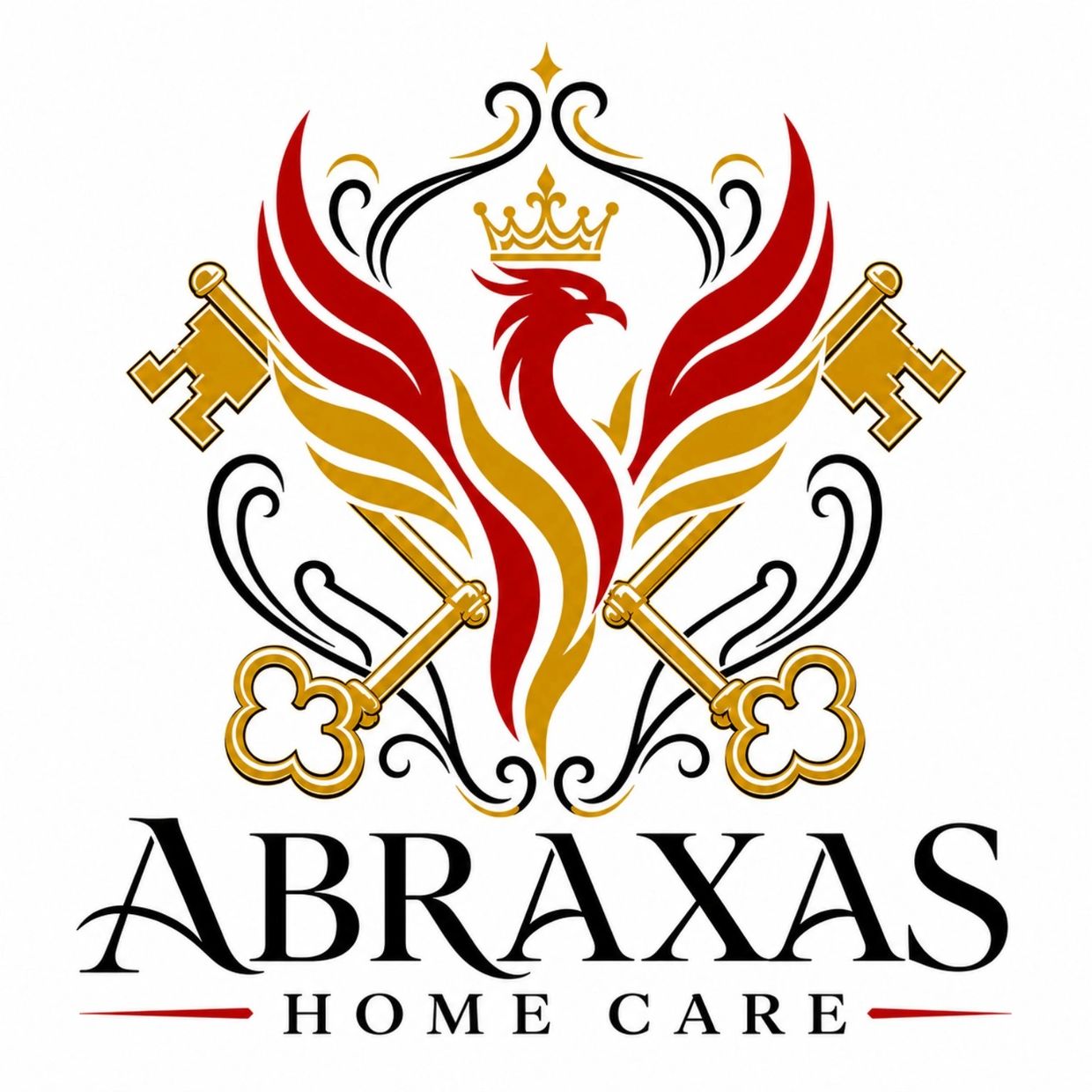 Elegant logo of Abraxas Home Care with flames and ornamental design.