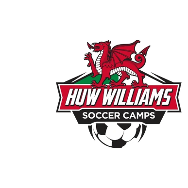 Huw Williams Soccer Camp logo with half soccer ball and welsh dragon