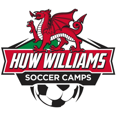 Huw Williams Soccer Camp logo with half soccer ball and welsh dragon