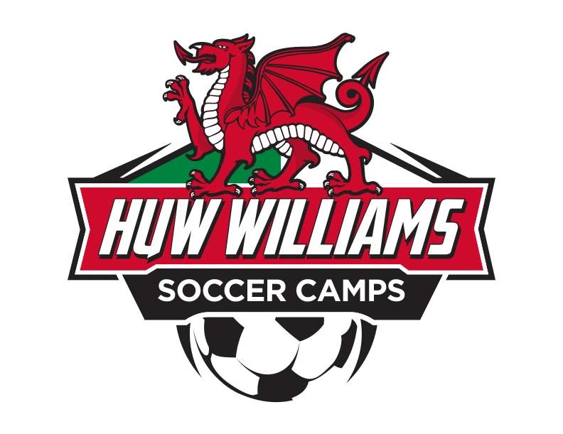 Huw Williams Soccer Camps logo with a half soccer ball and red welsh dragon