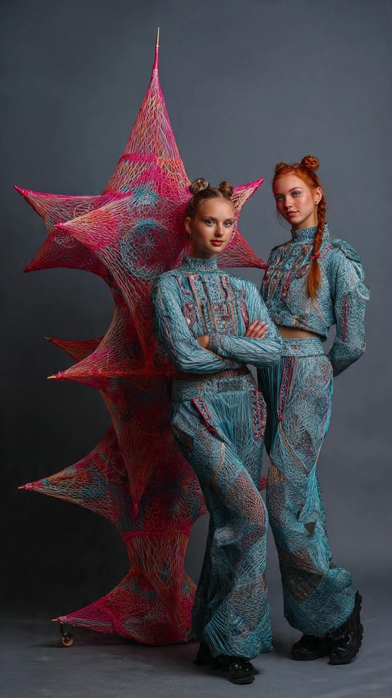 Two models in intricate blue textured outfits stand beside a large pink and blue star-shaped art installation.