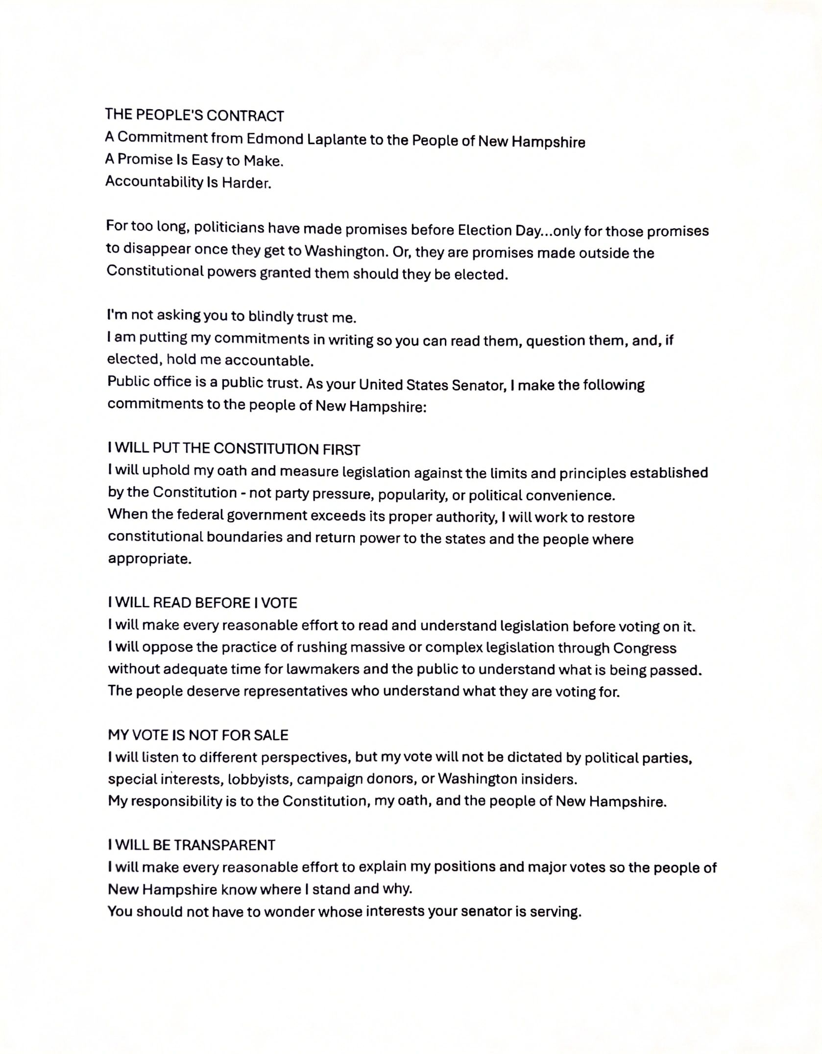 Commitment letter from Edmond Laplante outlining political promises to New Hampshire.