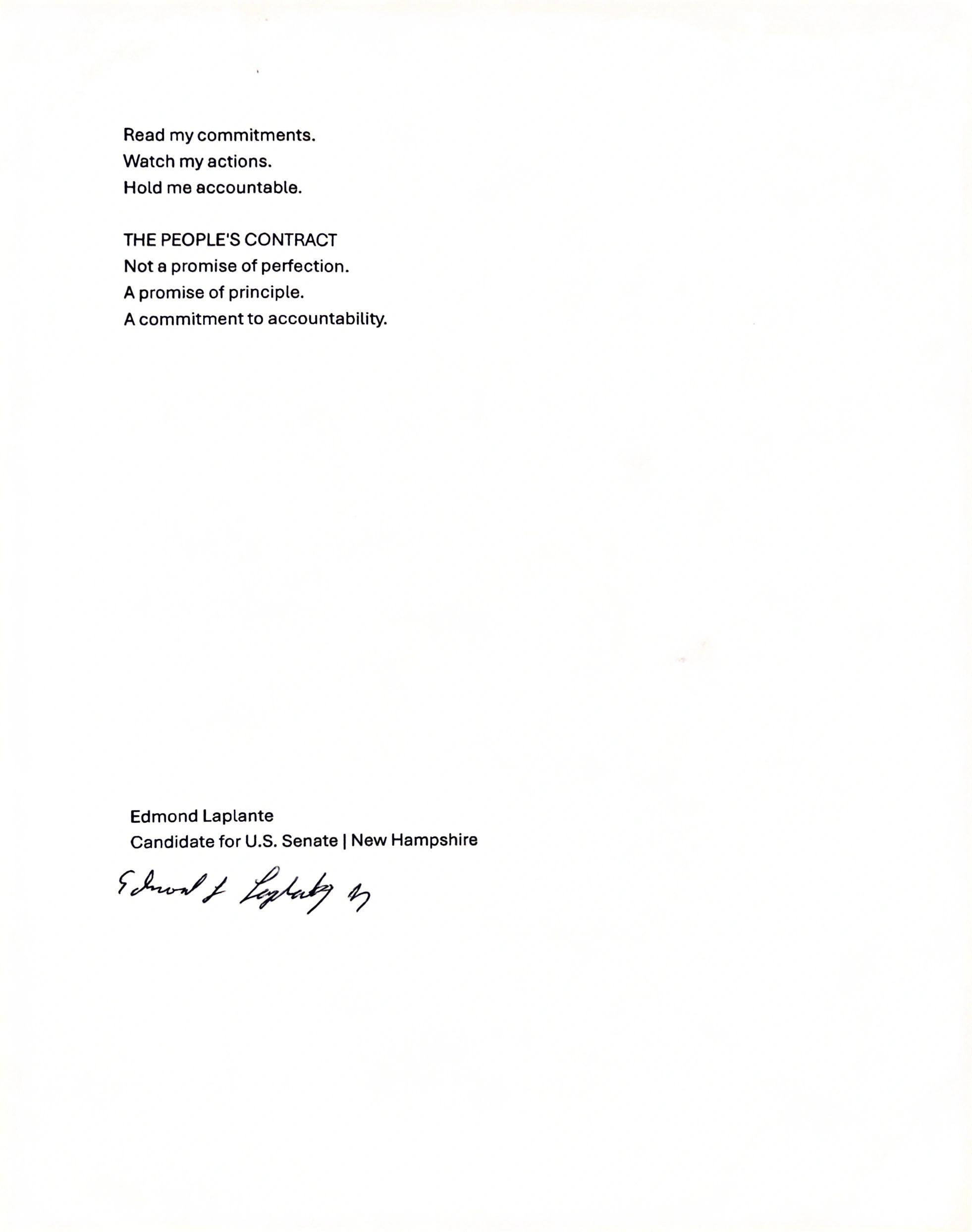 Political commitment statement from Edmond Laplante.