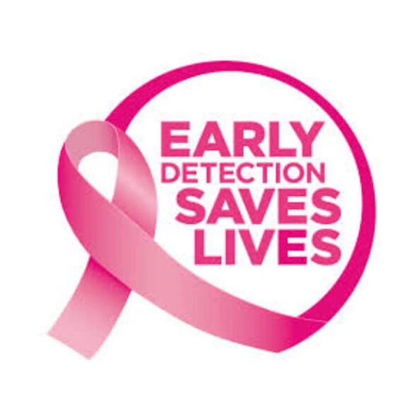 Pink ribbon with text 'Early Detection Saves Lives' promoting breast cancer awareness.